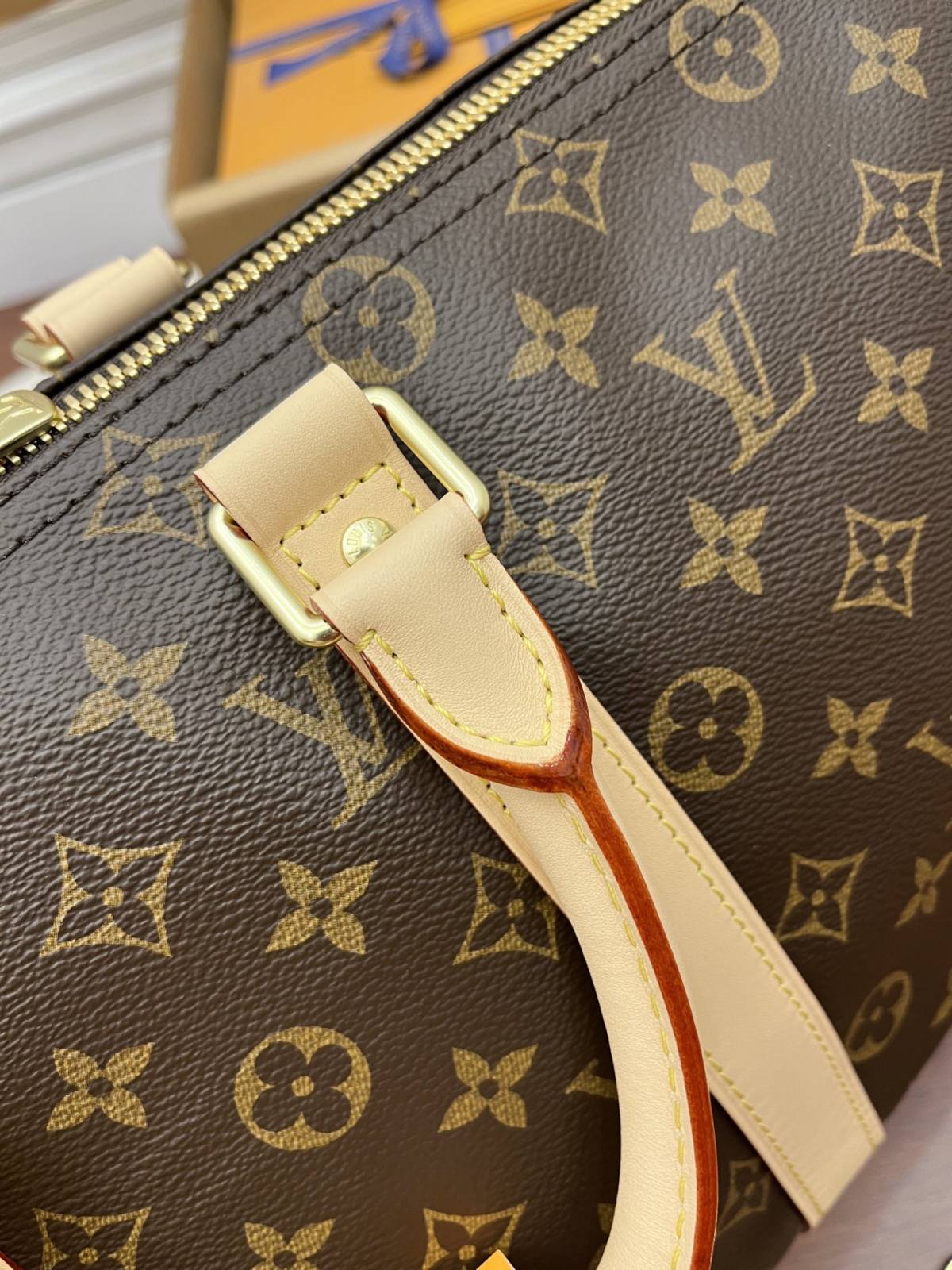 Ellebag’s Expert Replication: Louis Vuitton Keepall 45 Monogram with Yellow Leather (M41418)-בעסטער קוואַליטעט שווינדל לוי ווויטטאָן באַג אָנליין קראָם, רעפּליקע דיזיינער זעקל רו