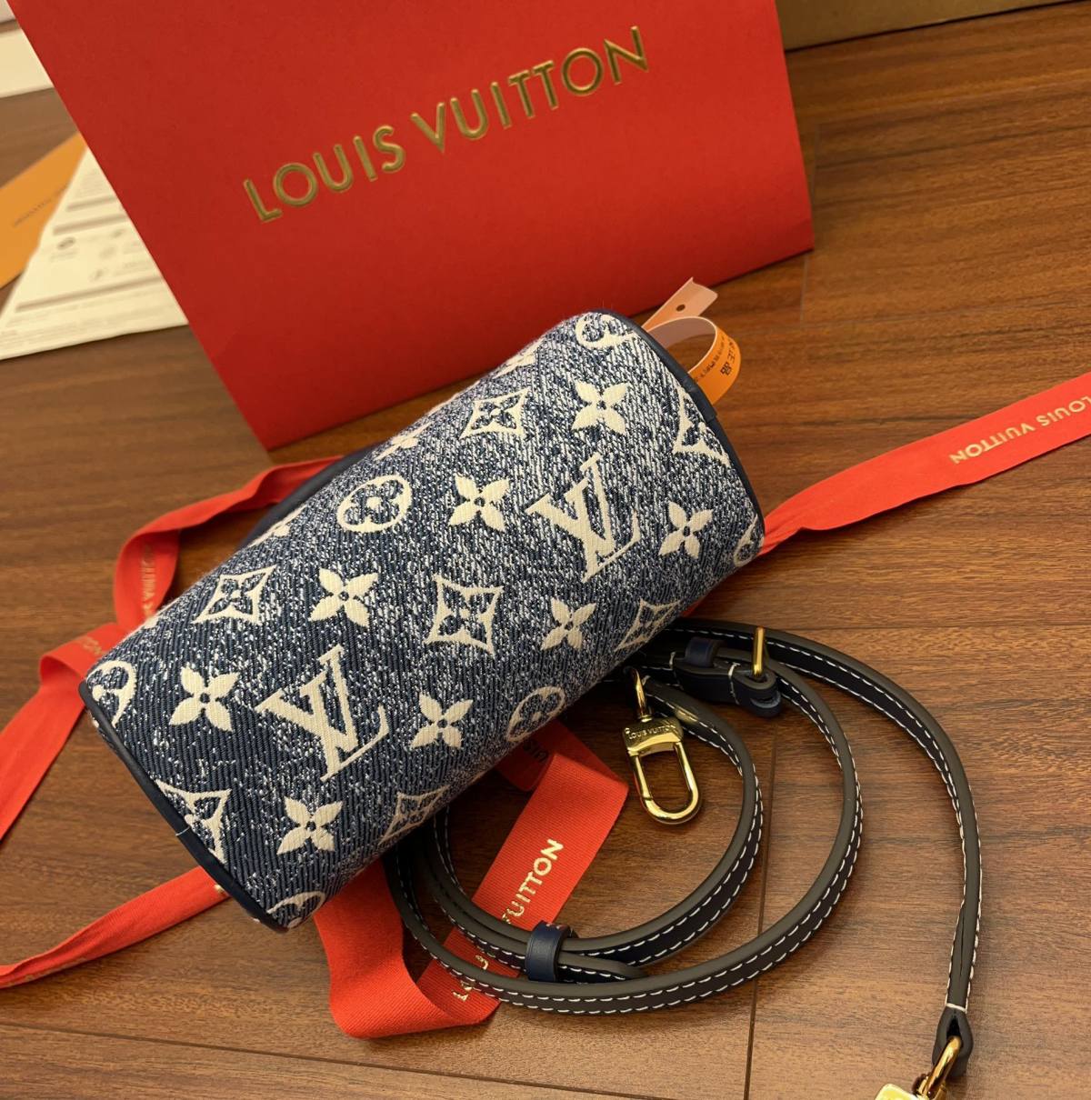 Ellebag Factory’s Masterful Replication of Louis Vuitton M81168 NANO SPEEDY Handbag in Blue Monogram Embossed Denim-Best Quality Replica designer Bag factory in China