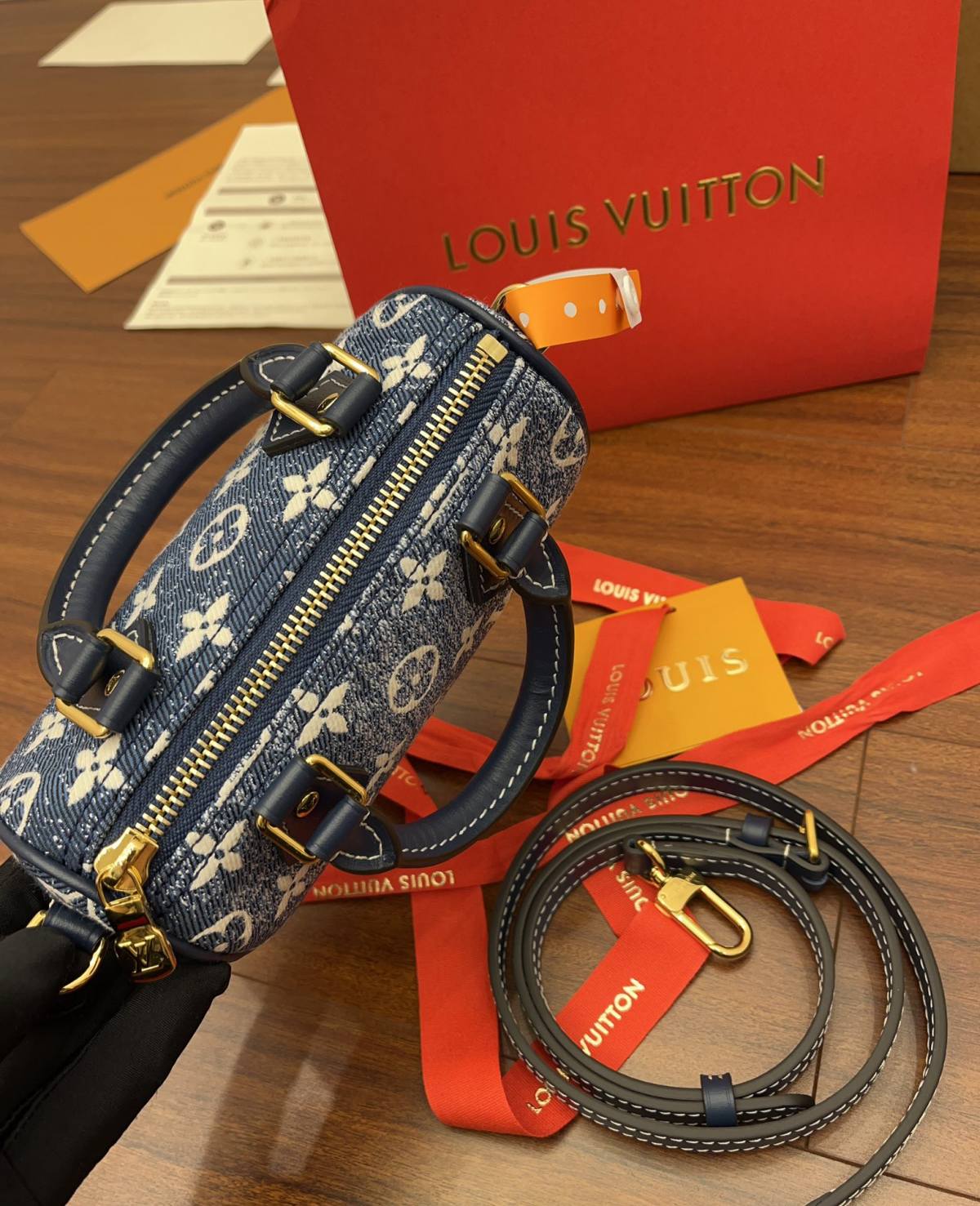 Ellebag Factory’s Masterful Replication of Louis Vuitton M81168 NANO SPEEDY Handbag in Blue Monogram Embossed Denim-Best Quality Replica designer Bag factory in China