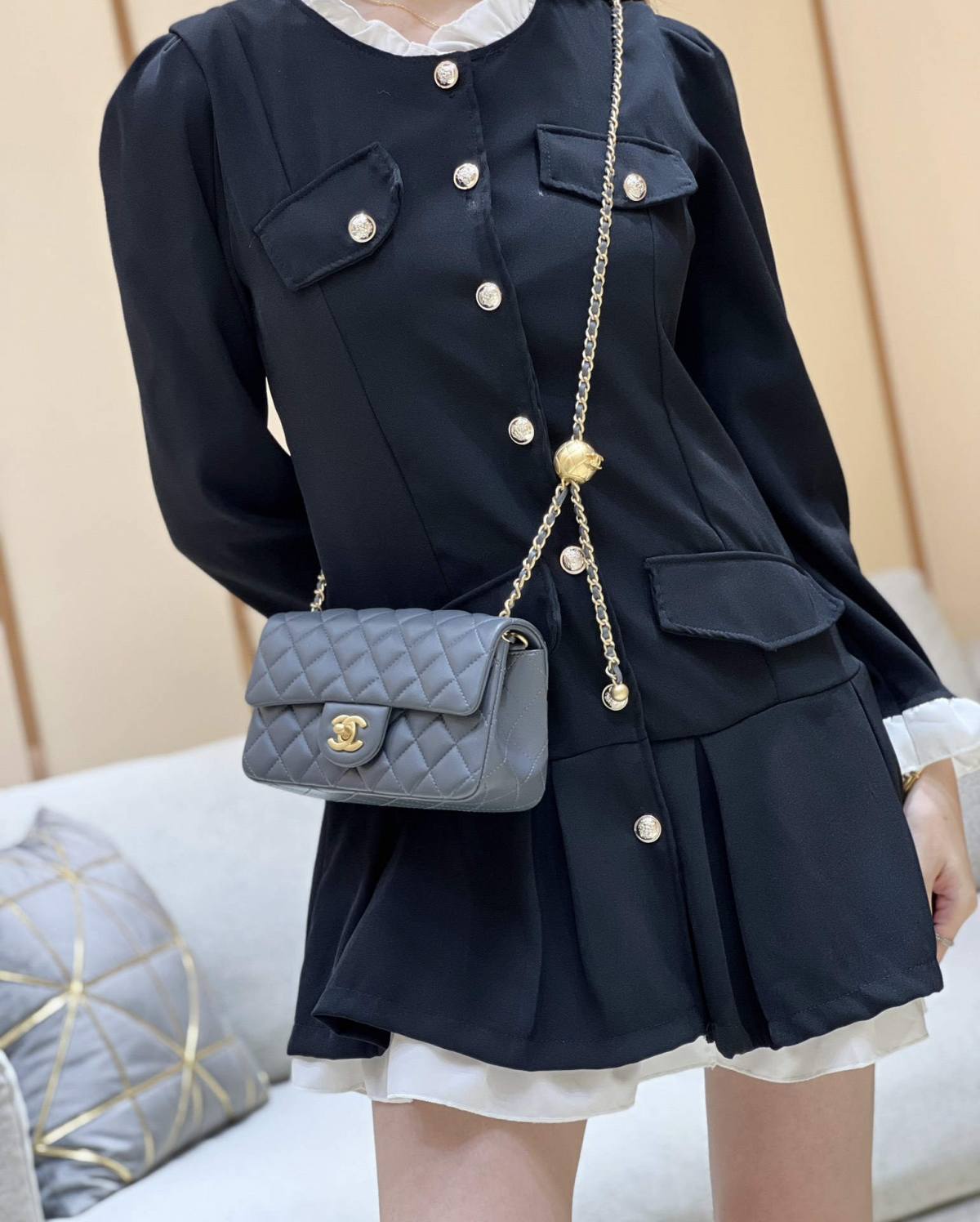 A Closer Look at the Deep Gray Ellebag super fake Chanel Mini Flap Bag with Gold Ball Chain （2024 Nov updated）-Best Quality Replica designer Bag factory in China