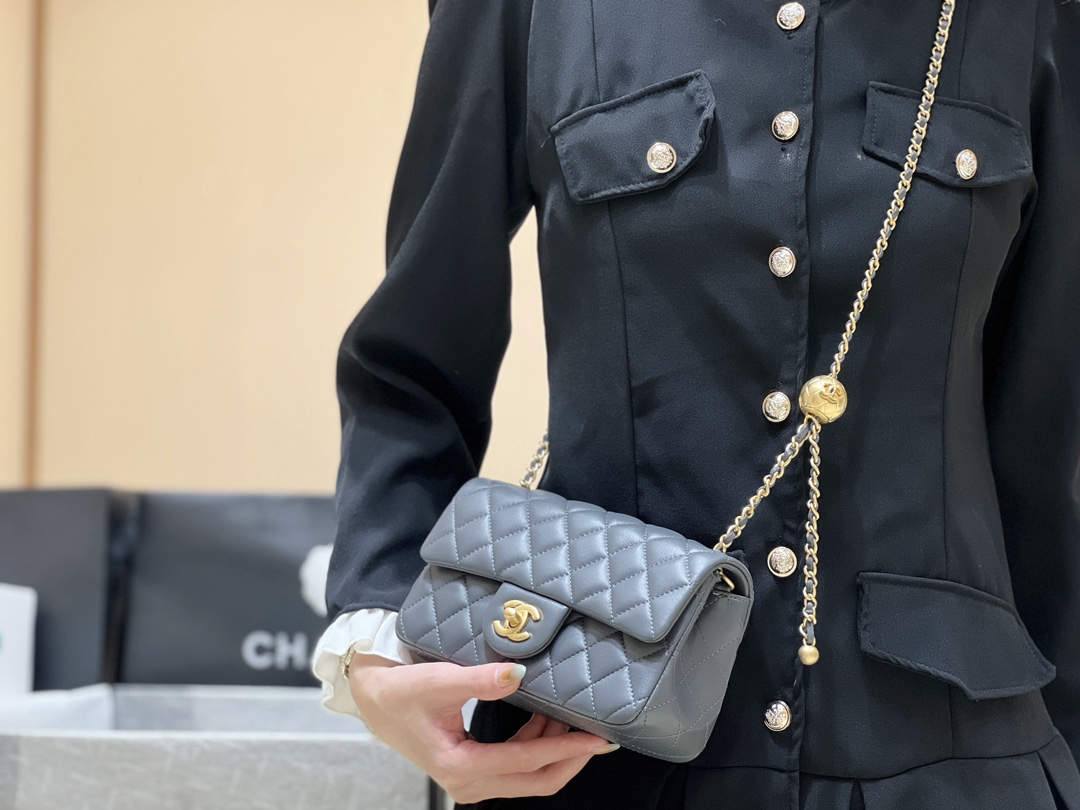 A Closer Look at the Deep Gray Ellebag super fake Chanel Mini Flap Bag with Gold Ball Chain （2024 Nov updated）-Best Quality Replica designer Bag factory in China