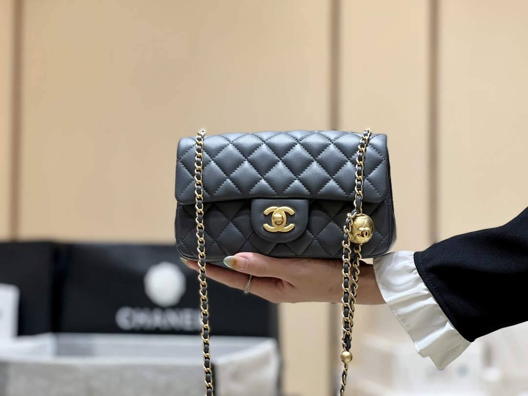 A Closer Look at the Deep Gray Ellebag super fake Chanel Mini Flap Bag with Gold Ball Chain （2024 Nov updated）-Best Quality Replica designer Bag factory in China