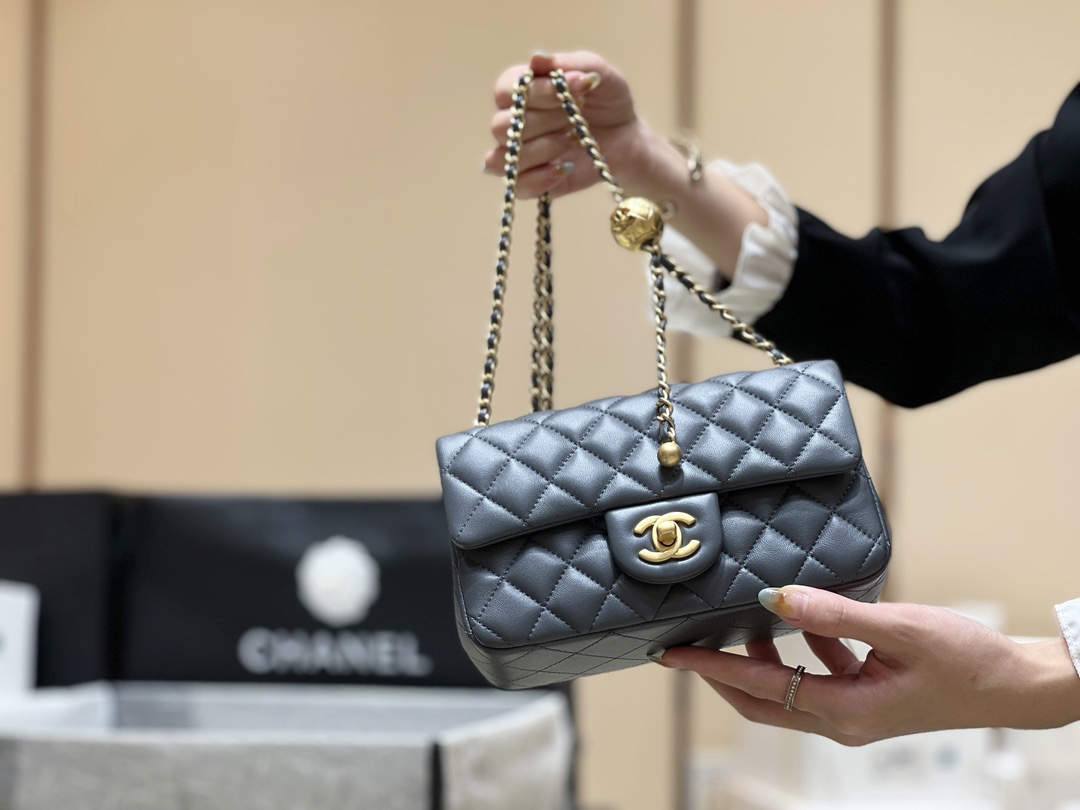 A Closer Look at the Deep Gray Ellebag super fake Chanel Mini Flap Bag with Gold Ball Chain （2024 Nov updated）-Best Quality Replica designer Bag factory in China