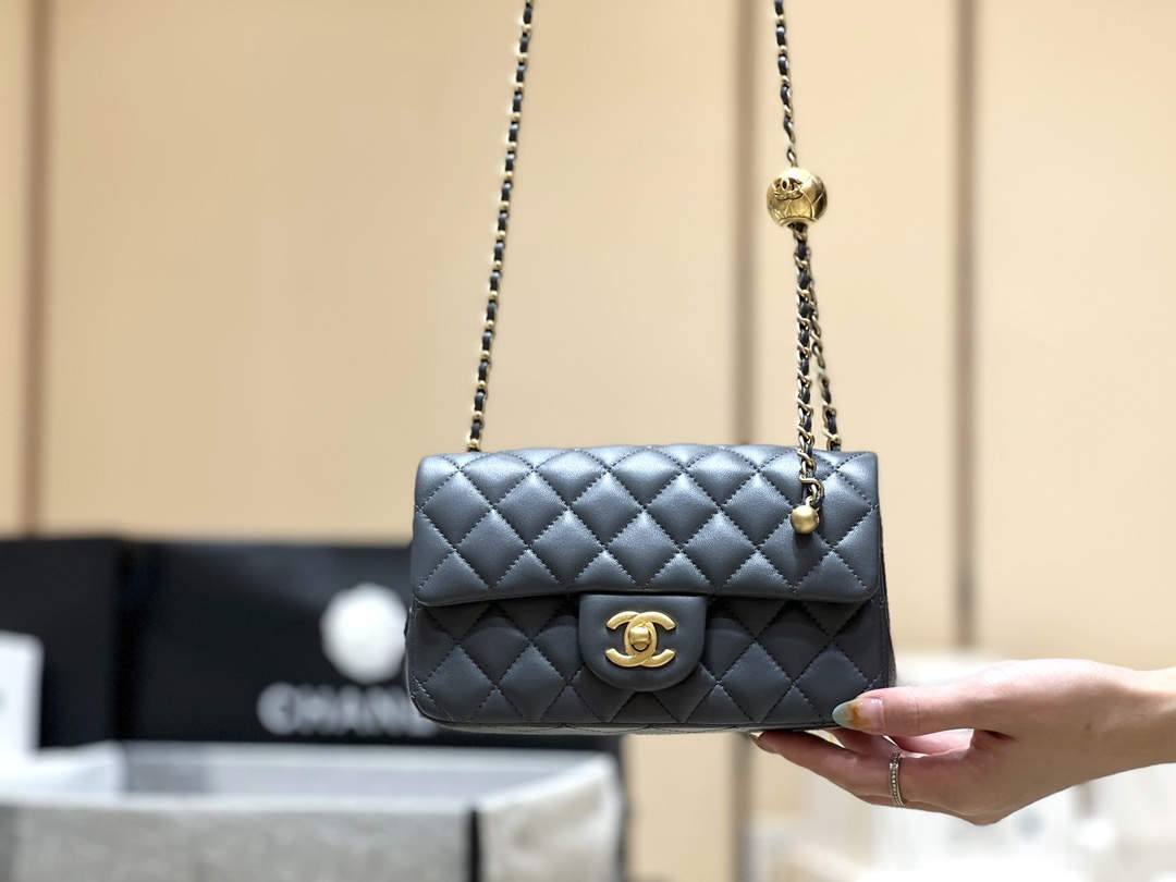 A Closer Look at the Deep Gray Ellebag super fake Chanel Mini Flap Bag with Gold Ball Chain （2024 Nov updated）-Best Quality Replica designer Bag factory in China