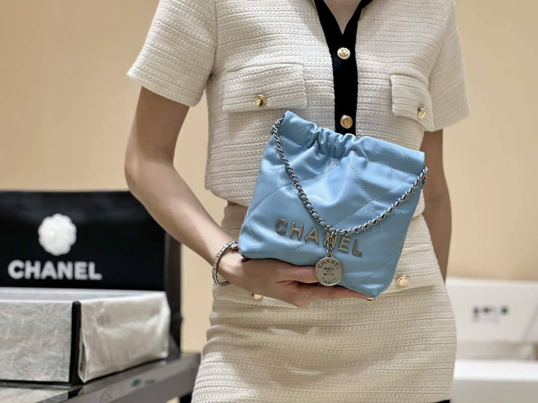 A Symphony in Blue: Ellebag super fake CHANEL 22 Mini Bag in Sky Blue (2024 Nov Updated)-Best Quality Replica designer Bag factory in China