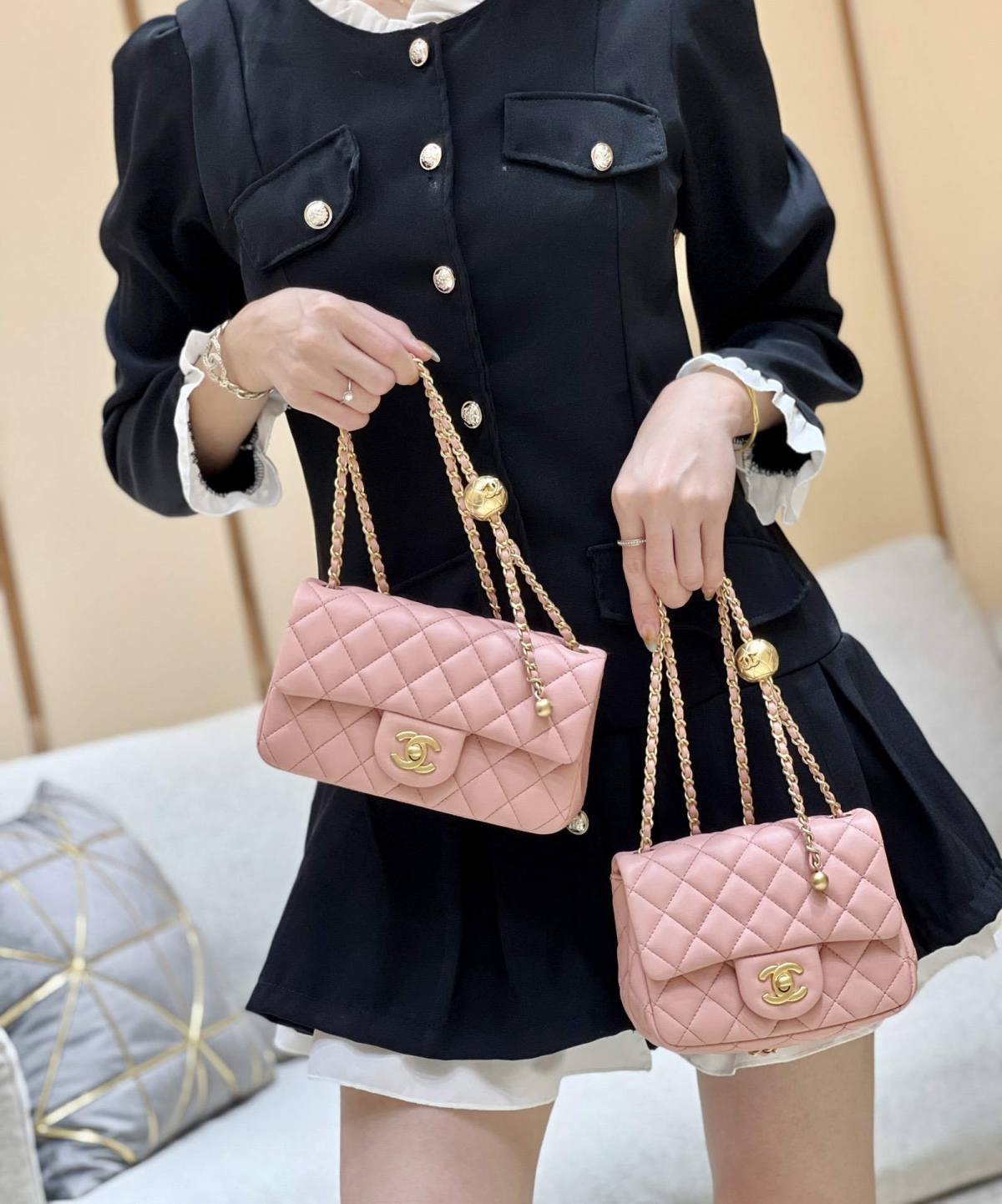 Ellebag highest replica Chanel CF with CC Gold Ball on Chain: A Delicate Pink Mini Delight(2024 Dec Updated)-Best Quality Fake Louis Vuitton Bag Online Store, Replica designer bag ru