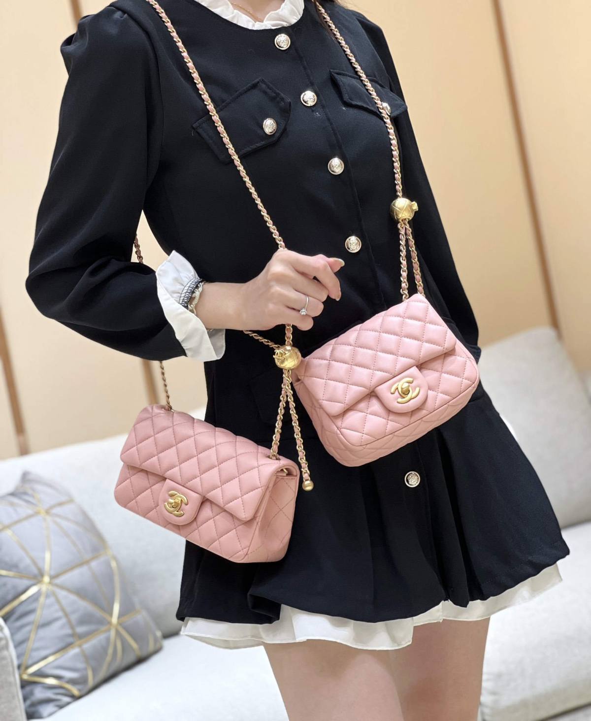 Ellebag highest replica Chanel CF with CC Gold Ball on Chain: A Delicate Pink Mini Delight(2024 Dec Updated)-Best Quality Fake Louis Vuitton Bag Online Store, Replica designer bag ru