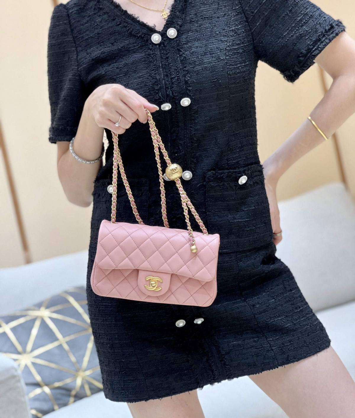 Ellebag highest replica Chanel CF with CC Gold Ball on Chain: A Delicate Pink Mini Delight(2024 Dec Updated)-Best Quality Fake Louis Vuitton Bag Online Store, Replica designer bag ru