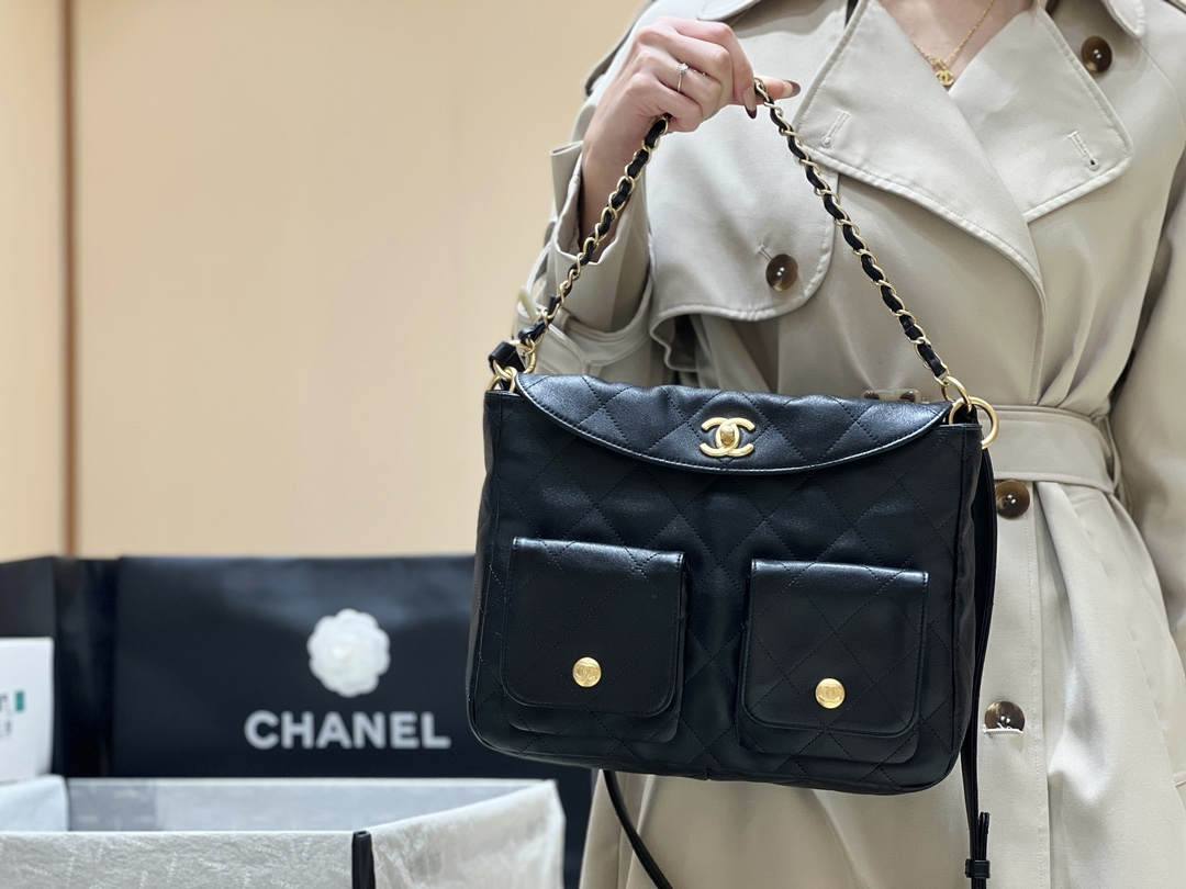 Ellebag’s Exquisite Replica of the Chanel 24P Hobo Bag: A 30cm Black Masterpiece with Aged Hardware(2024 Dec Updated)-Best Quality Fake Louis Vuitton Bag Online Store, Replica designer bag ru