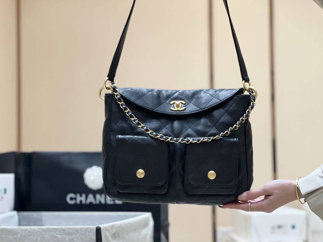 Ellebag’s Exquisite Replica of the Chanel 24P Hobo Bag: A 30cm Black Masterpiece with Aged Hardware(2024 Dec Updated)-Best Quality Fake Louis Vuitton Bag Online Store, Replica designer bag ru