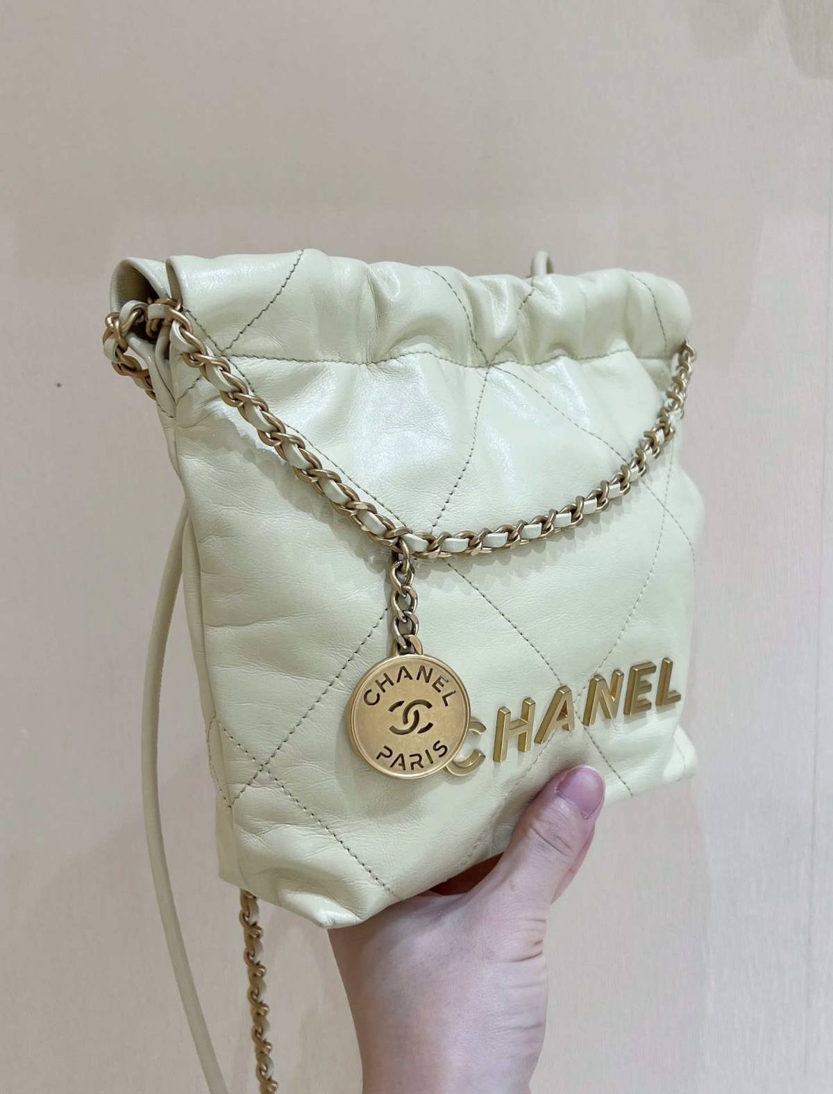 Ellebag’s Masterful Recreation of the Chanel 22 Mini Bag in Light Yellow Calfskin with Gold Hardware(2024 Dec Updated)-Best Quality Replica designer Bag factory in China