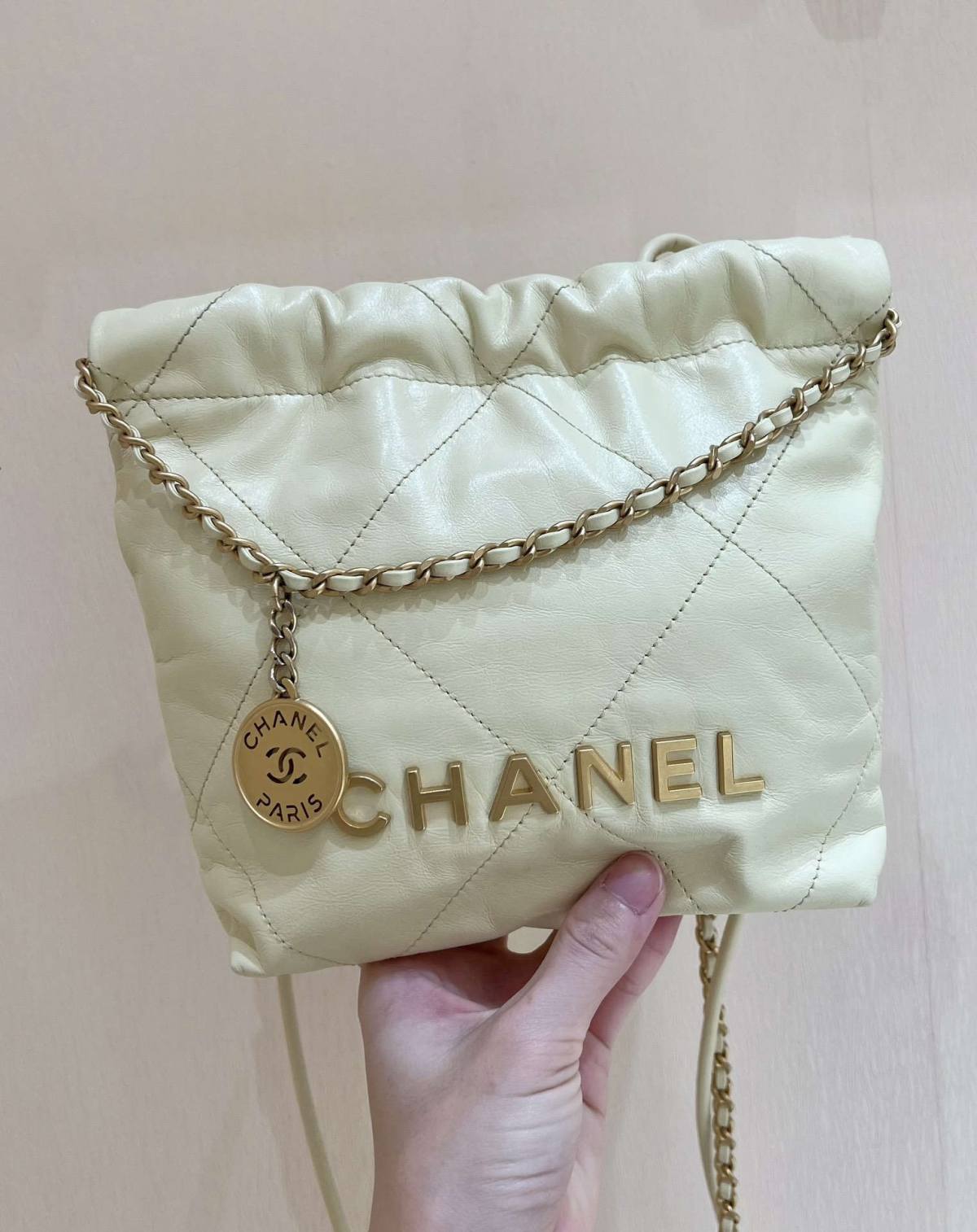 Ellebag’s Masterful Recreation of the Chanel 22 Mini Bag in Light Yellow Calfskin with Gold Hardware(2024 Dec Updated)-Best Quality Replica designer Bag factory in China